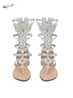 Women's Rhinestone Gladiator Sandals Flat PU Leather Summer Wedding